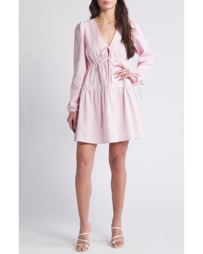 Something New Tie Front Long Sleeve Tiered Dress - Pink