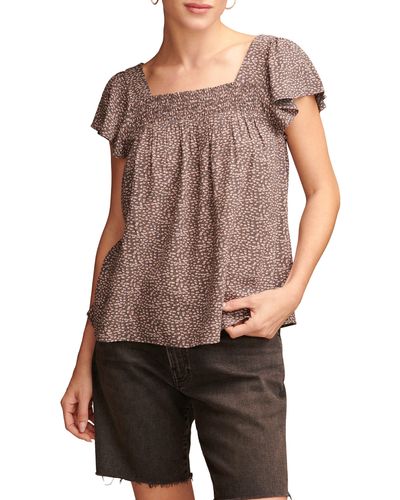 Lucky Brand Smocked Flutter Sleeve Top - Brown