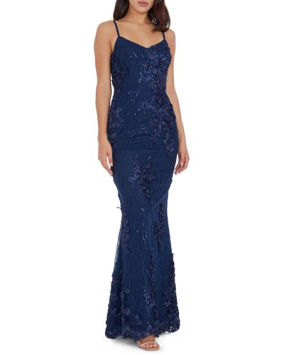 Dress the Population Giovanna Floral Sequin Mermaid Gown - Blue