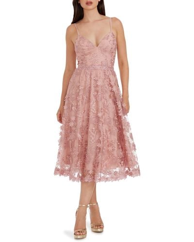 Dress the Population Tahani Floral Embroidered Fit & Flare Midi Dress - Pink