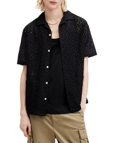 AllSaints Quinta Eyelet Short Sleeve Cotton Camp Shirt - Black