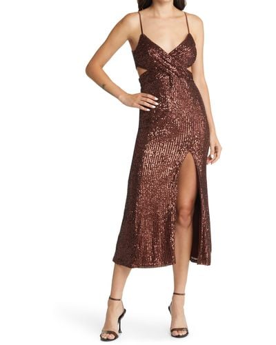 Saylor Harmonie Sequin Cutout Midi Dress - Brown