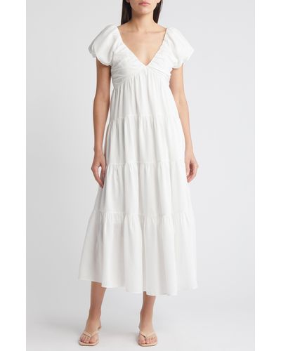 Moon River Puff Sleeve Midi Dress - White