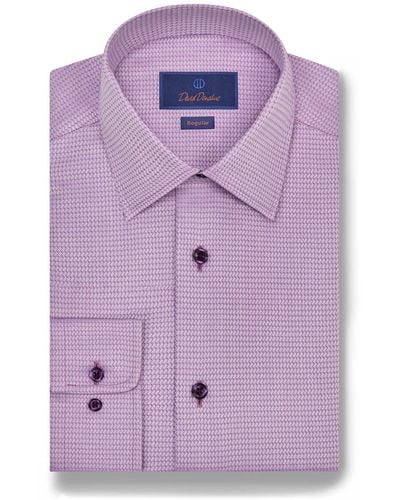 David Donahue Regular Fit Dobby Diagonal Cotton Dress Shirt - Purple