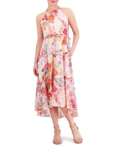 Vince Camuto Floral Metallic Stripe High-low Tiered Midi Dress - Pink