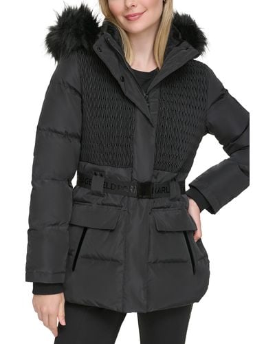 Karl Lagerfeld Smocked Belted Ski Puffer Jacket With Faux Fur Hood - Black