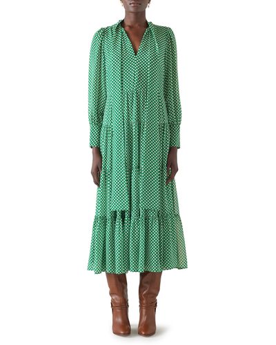 LK Bennett Polly Polka Dot Tie Neck Long Sleeve Midi Dress - Green