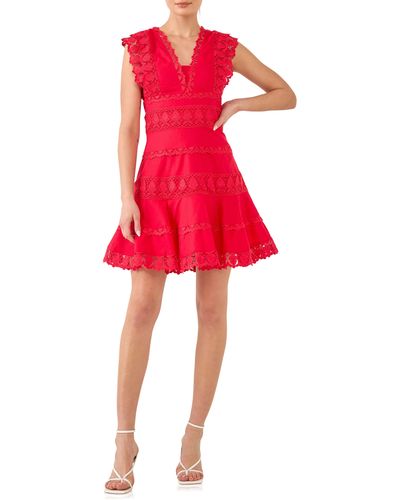 Endless Rose Plunge Neck Tie Lace Linen & Cotton Dress At Nordstrom - Red