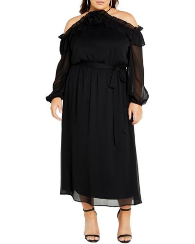 City Chic Nikita Rosette Tie Waist Cold Shoulder Long Sleeve Chiffon Midi Dress - Black
