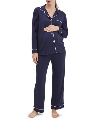 Nom Maternity Heart On My Sleeve Penelope Jersey Maternity/nursing Pajamas - Blue