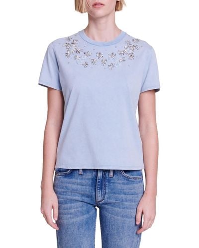 Maje Floral Rhinestone Cotton T-shirt - Blue