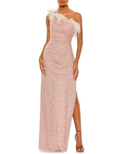 Mac Duggal Floral Sequin Feather Trim One-shoulder Sheath Gown - Natural
