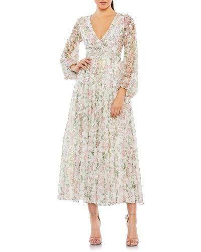 Mac Duggal Sequin Floral Long Sleeve Cocktail Midi Dress - Natural