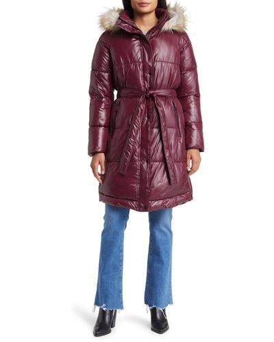 Sam Edelman Belted Puffer Coat With Faux Fur Trim Hood - Red