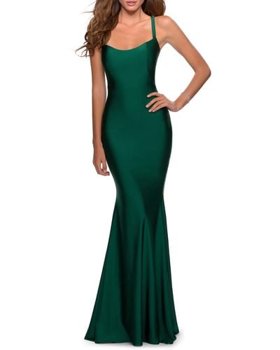 La Femme Lace Up Back Jersey Mermaid Gown - Green