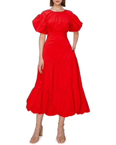 MELLODAY Puff Sleeve Lace-up Back Bubble Hem Tie Midi Dress At Nordstrom - Red