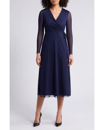 Anne Klein Long Sleeve Midi Wrap Dress - Blue
