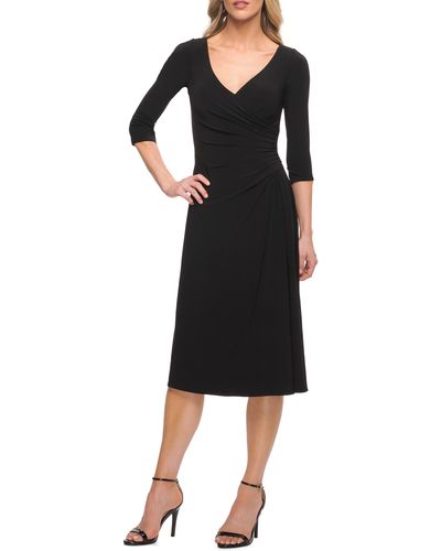 La Femme Ruched Jersey Faux Wrap Dress - Black