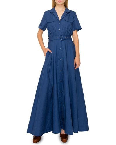 MELLODAY Belted Linen Blend Maxi Shirtdress - Blue