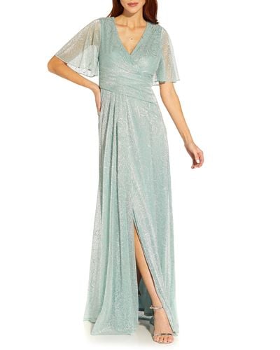 Adrianna Papell Metallic Mesh Drape A-line Gown - Green