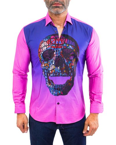 Maceoo Fibonacci Regular Fit Skull Print Cotton Button-up Shirt - Pink
