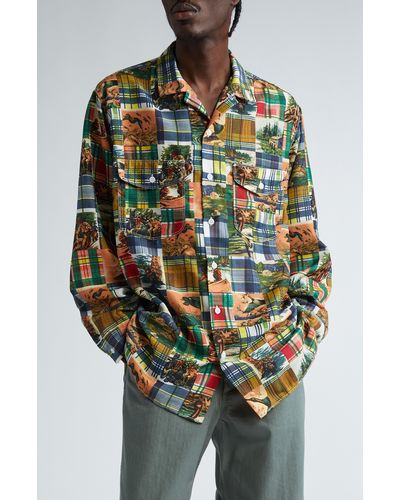 Beams Plus Work Classic Patchwork Panel Jacquard Button-up Shirt - Multicolor