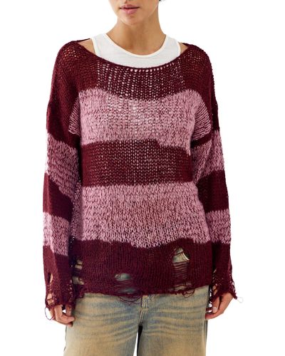 BDG Distressed Stripe Loose Stitch Sweater - Red