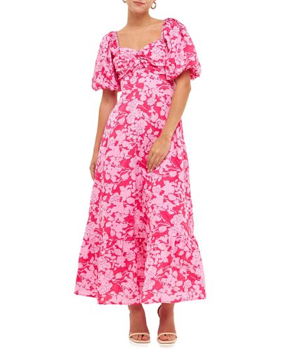 Free the Roses Floral Puff Sleeve Tie Back Maxi Dress - Pink