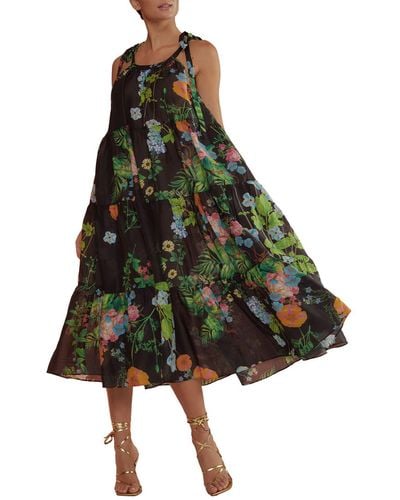 Cynthia Rowley Floral Print Tiered Ramie Dress - Black