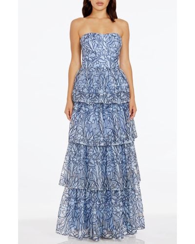 Dress the Population Aubriella Beaded Floral Strapless Tiered Gown - Blue