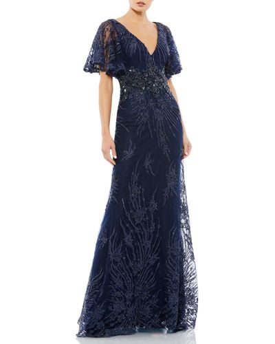 Mac Duggal Sequin Butterfly Sleeve Lace Gown - Blue