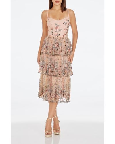 Dress the Population Loretta Floral Embroidery Midi Cocktail Dress - Natural
