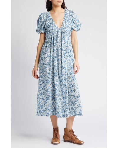 The Great The Gallery Floral Cotton Midi Dress - Blue
