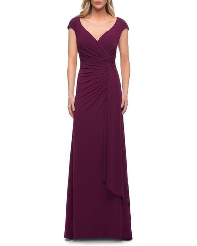 La Femme Ruched Jersey Sheath Gown - Purple