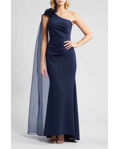 Eliza J One Shoulder Jersey Gown With Scarf Detail - Blue