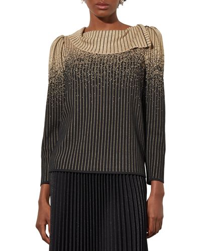Ming Wang Stripe Split Cowl Neck Sweater - Black