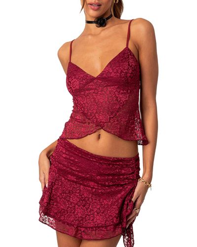 Edikted Ruby Sheer Lace Crop Camisole - Red
