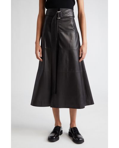 Partow Alana Belted Leather A-line Midi Skirt - Black