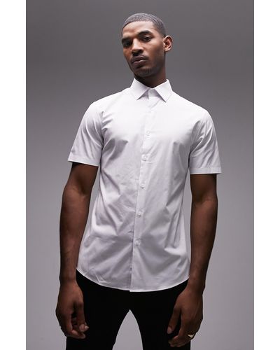TOPMAN Slim Fit Short Sleeve Stretch Cotton Button-up Shirt - Brown