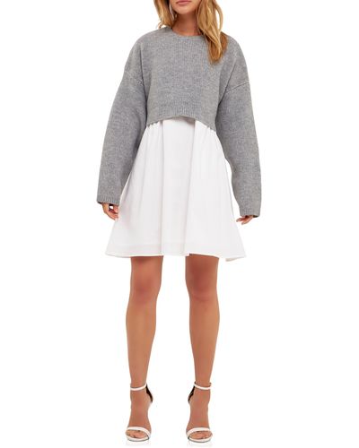 English Factory Sweater With Poplin Minidress - White