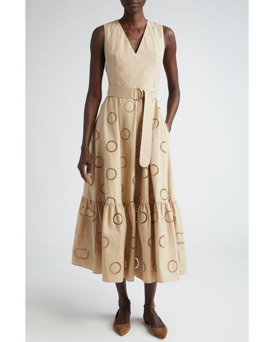 Akris Punto Eyelet Embroidered Sleeveless Cotton Tiered Dress - Natural