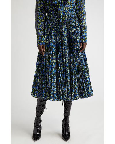 Quinn Floral Print Pleated Satin Skirt - Blue