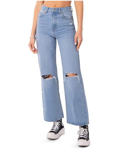 Edikted Lori Ripped High Waist Wide Leg Jeans - Blue