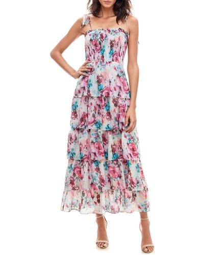 Socialite Floral Smocked Tie Strap Maxi Cocktail Dress - Red