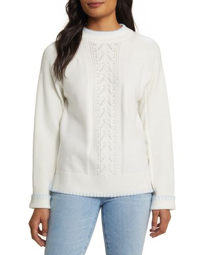 Wit & Wisdom Whipstitch Trim Cable Sweater - White