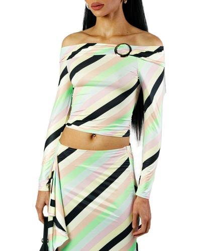 O'Dolly Dearest The Toni Stripe Off The Shoulder Crop Top - Green
