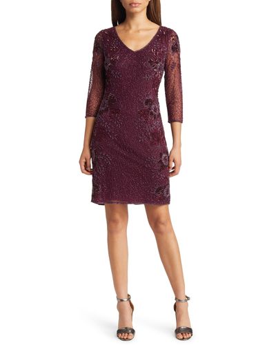 Pisarro Nights Beaded V-neck Cocktail Dress - Purple