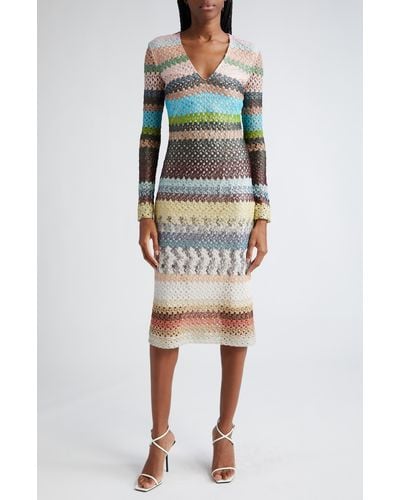 Missoni Textured Knit Long Sleeve V-neck Dress - Multicolor