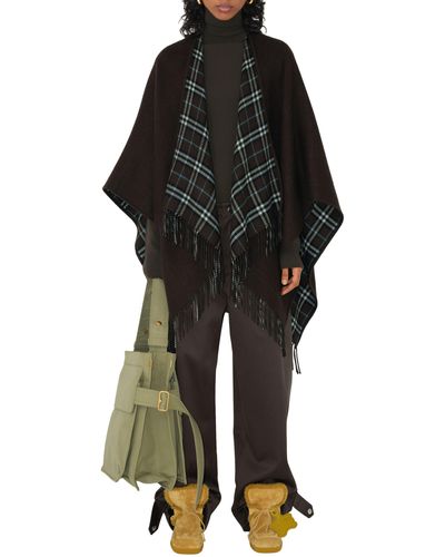 Burberry Fringed Wool Reversible Cape - Black