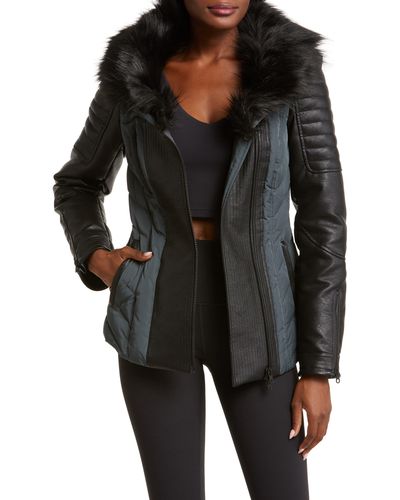BLANC NOIR Sophia Hooded Mixed Media Faux Leather Quilted Jacket With Removable Faux Fur Trim - Black